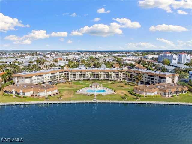 drone / aerial view featuring a water view