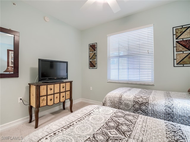 carpeted bedroom with ceiling fan and multiple windows