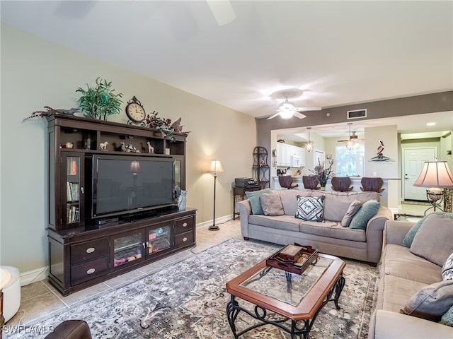 living room featuring ceiling fan