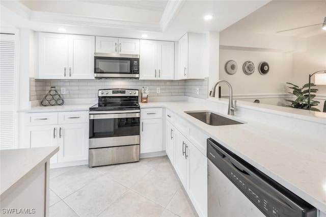 kitchen featuring white cabinetry, appliances with stainless steel finishes, sink, and backsplash