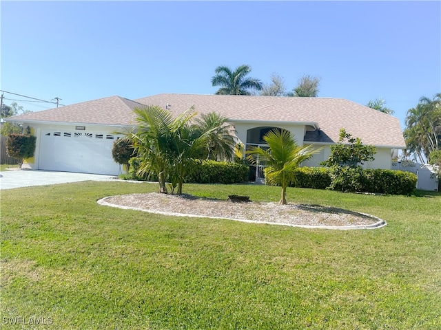 single story home featuring a front lawn and a garage