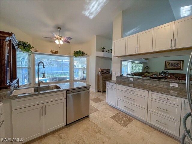 kitchen with white cabinetry, ceiling fan, dishwasher, and sink