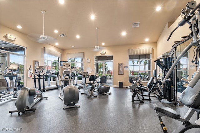 workout area featuring ceiling fan