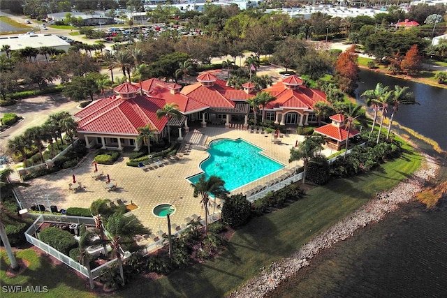 drone / aerial view with a water view