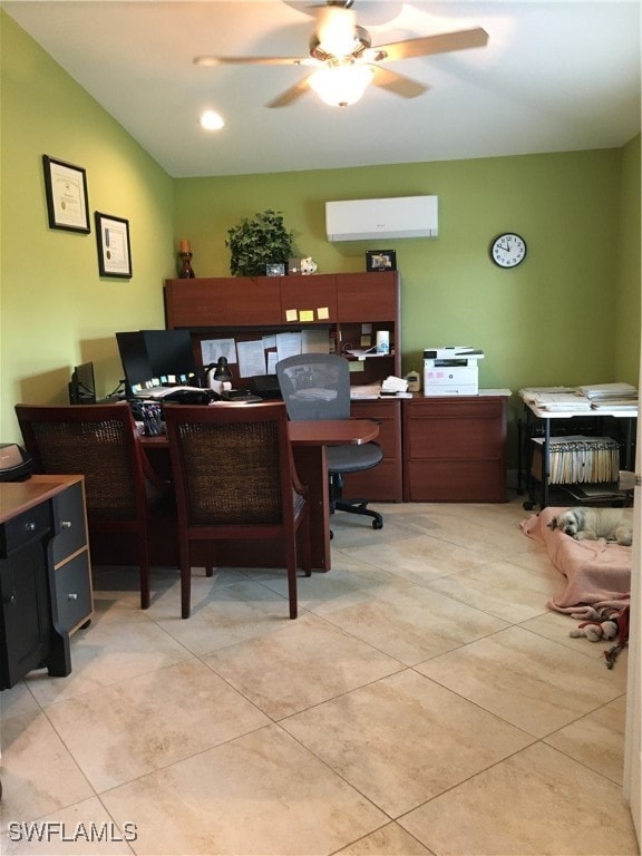 tiled office space with ceiling fan, built in desk, a wall mounted AC, and lofted ceiling