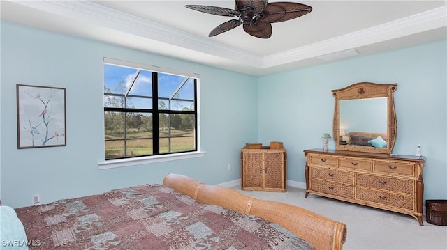 7788 Winding Cypress Dr, Naples, FL 34114 - carpeted bedroom with a ceiling fan, visible vents, ornamental molding, and a raised ceiling