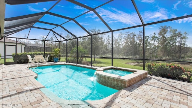 7788 Winding Cypress Dr, Naples, FL 34114 - view of swimming pool featuring a patio, a pool with connected hot tub, and glass enclosure