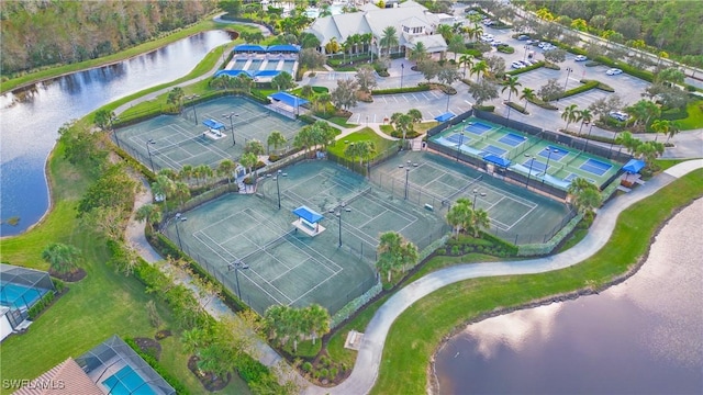 drone / aerial view with a water view