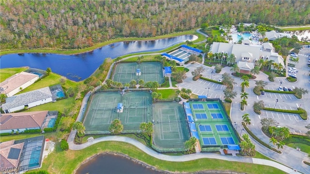 drone / aerial view with a water view