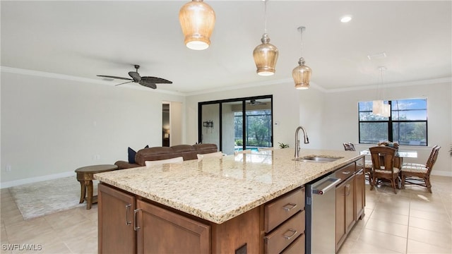 7788 Winding Cypress Dr, Naples, FL 34114 - kitchen with crown molding, light tile patterned floors, plenty of natural light, and a sink