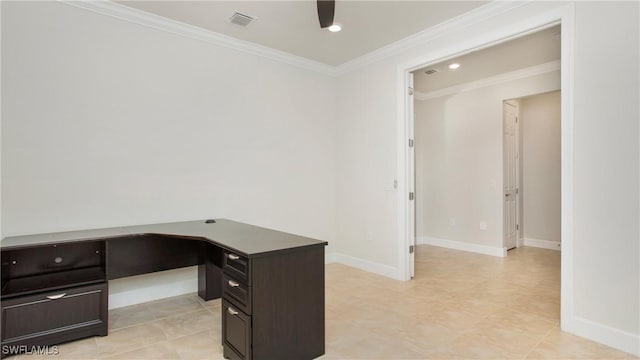 7788 Winding Cypress Dr, Naples, FL 34114 - unfurnished office featuring visible vents, ornamental molding, baseboards, and recessed lighting