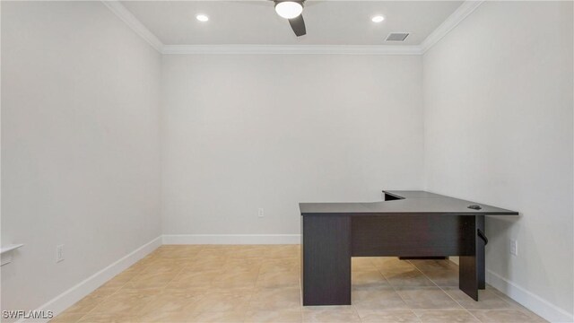 7788 Winding Cypress Dr, Naples, FL 34114 - unfurnished office with visible vents, baseboards, crown molding, and ceiling fan