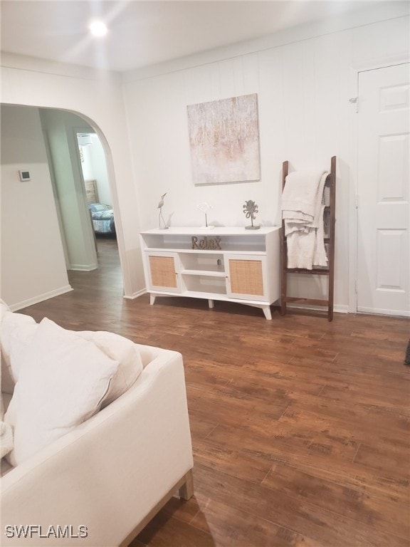 living room featuring dark wood-type flooring