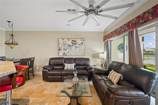 living room with ceiling fan and ornamental molding