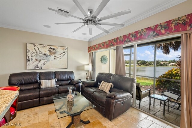 living room with a water view, ceiling fan, and crown molding