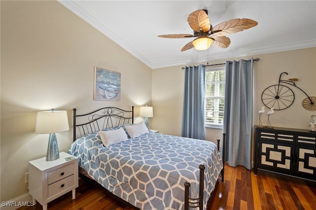 bedroom with ceiling fan, crown molding, and dark hardwood / wood-style flooring