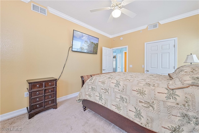 bedroom with ceiling fan, crown molding, and light colored carpet