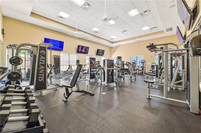 workout area featuring a towering ceiling, a paneled ceiling, a healthy amount of sunlight, and a tray ceiling