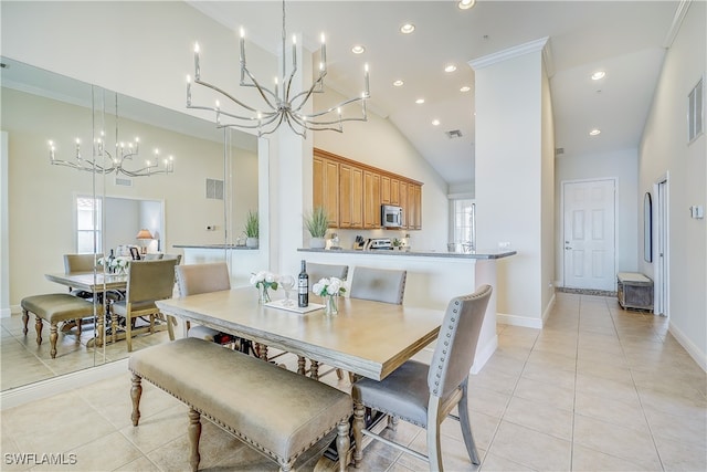 dining room featuring ornamental molding, high vaulted ceiling, and light tile patterned floors