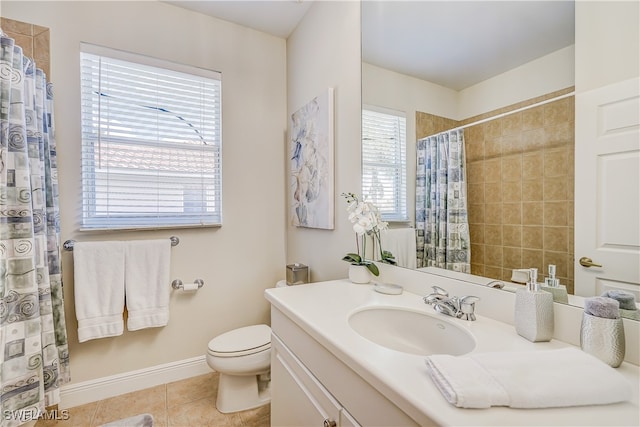 bathroom with tile patterned flooring, plenty of natural light, vanity, and toilet