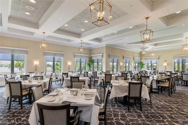 dining space featuring ornamental molding, plenty of natural light, beam ceiling, and coffered ceiling