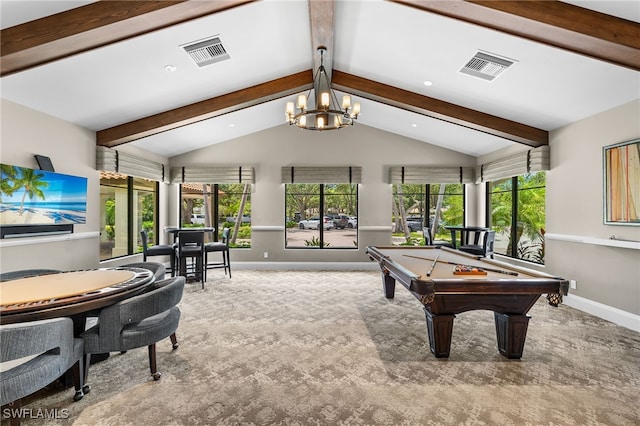 rec room featuring lofted ceiling with beams, plenty of natural light, and billiards