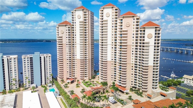 view of building exterior featuring a water view