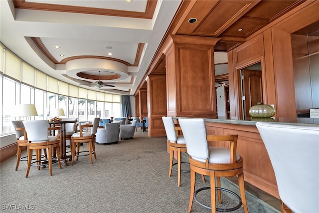 interior space with ceiling fan, a raised ceiling, crown molding, and a wealth of natural light