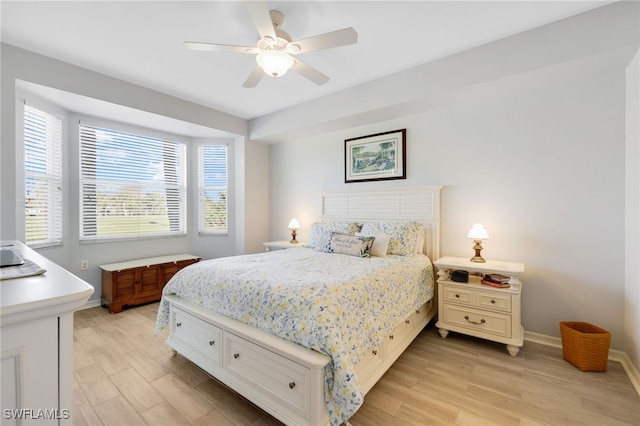 bedroom featuring ceiling fan and light wood-type flooring