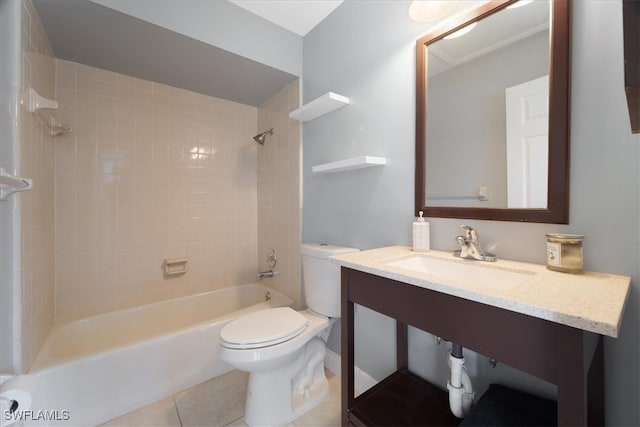 full bathroom featuring toilet, tiled shower / bath combo, vanity, and tile patterned flooring