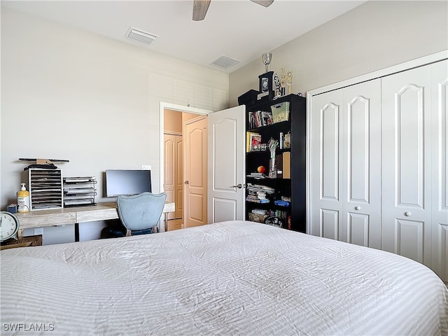 bedroom featuring ceiling fan and a closet