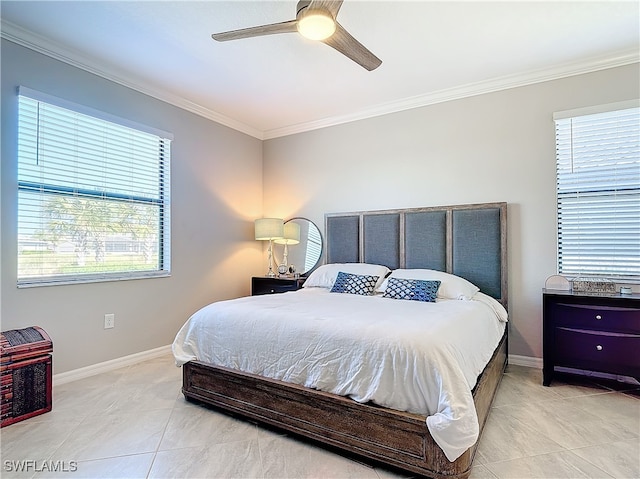 tiled bedroom featuring ornamental molding and ceiling fan