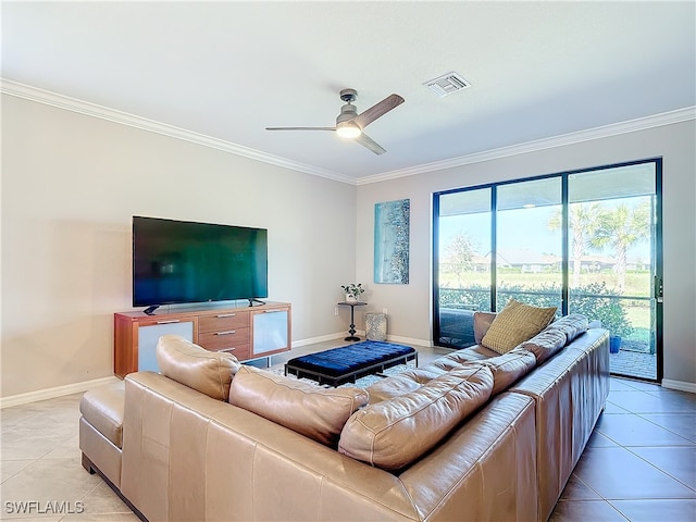 living room with ceiling fan, light tile patterned floors, and crown molding