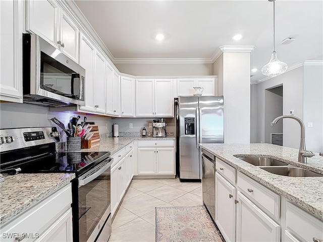 kitchen with stainless steel appliances, white cabinetry, sink, and crown molding