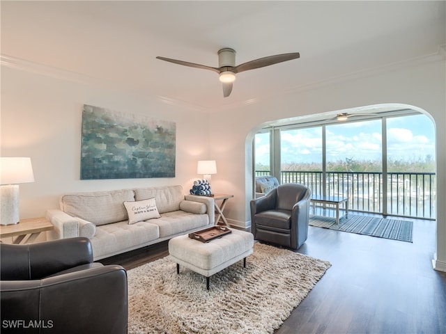 living room featuring dark hardwood / wood-style flooring, ceiling fan, and ornamental molding