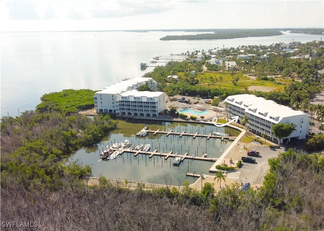 drone / aerial view with a water view