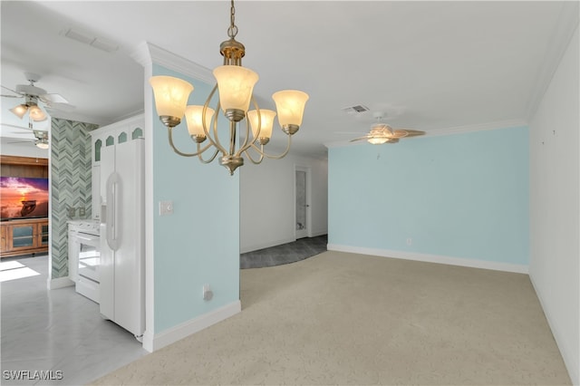 spare room with light colored carpet, a notable chandelier, and ornamental molding