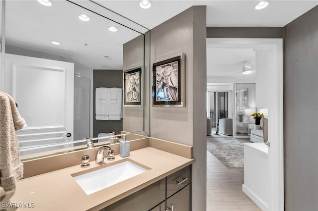 bathroom with vanity and ceiling fan