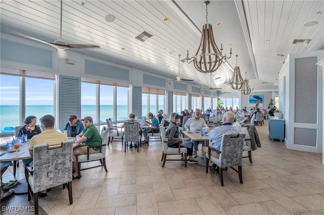 dining area with wood ceiling, a water view, and a healthy amount of sunlight