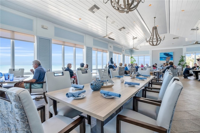 dining space with ceiling fan with notable chandelier, a water view, lofted ceiling, and wood ceiling