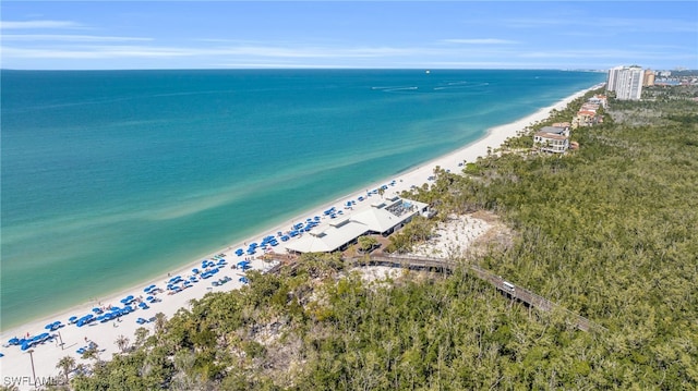 drone / aerial view featuring a beach view and a water view