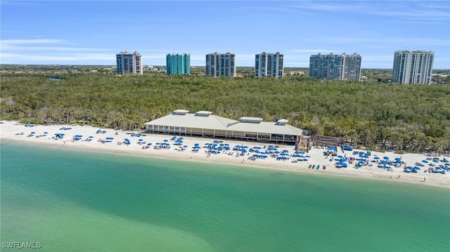 bird's eye view featuring a water view and a beach view