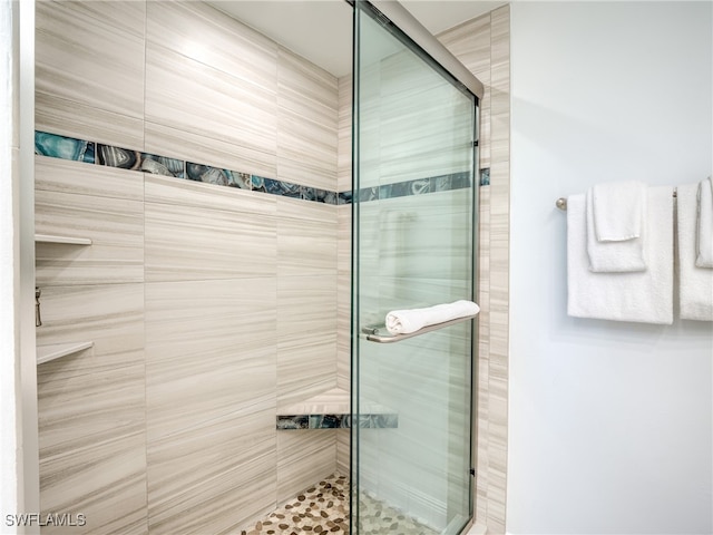 bathroom featuring a shower with door