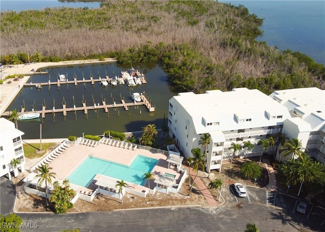 aerial view featuring a water view