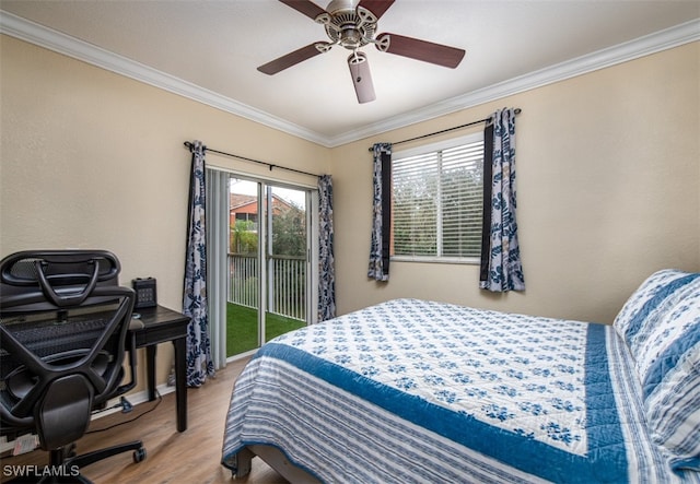 bedroom with access to outside, ceiling fan, ornamental molding, and hardwood / wood-style flooring