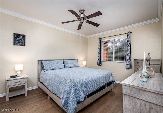 bedroom featuring ceiling fan, dark wood-type flooring, and ornamental molding