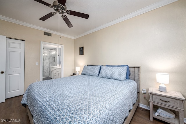 bedroom with dark hardwood / wood-style flooring, connected bathroom, ceiling fan, and crown molding