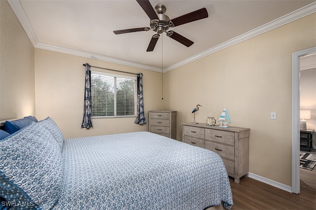 bedroom with ceiling fan, dark hardwood / wood-style floors, and crown molding