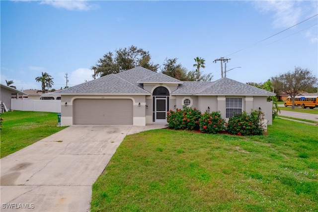 ranch-style house with a garage and a front yard