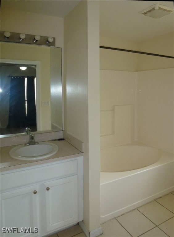 bathroom with vanity, bathing tub / shower combination, and tile patterned floors